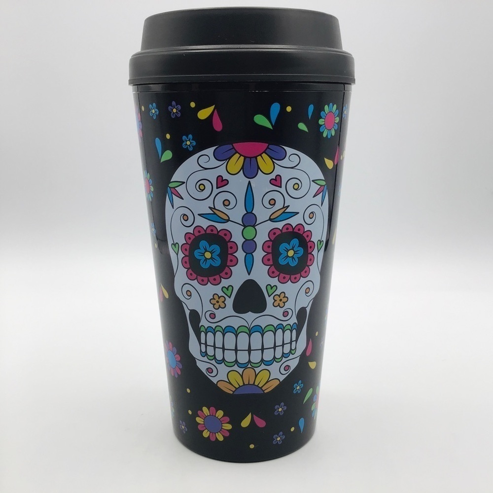 Day of the Dead Travel Mug SUGAR SKULL Coffee Cup & Lid Halloween BPA Free Plas